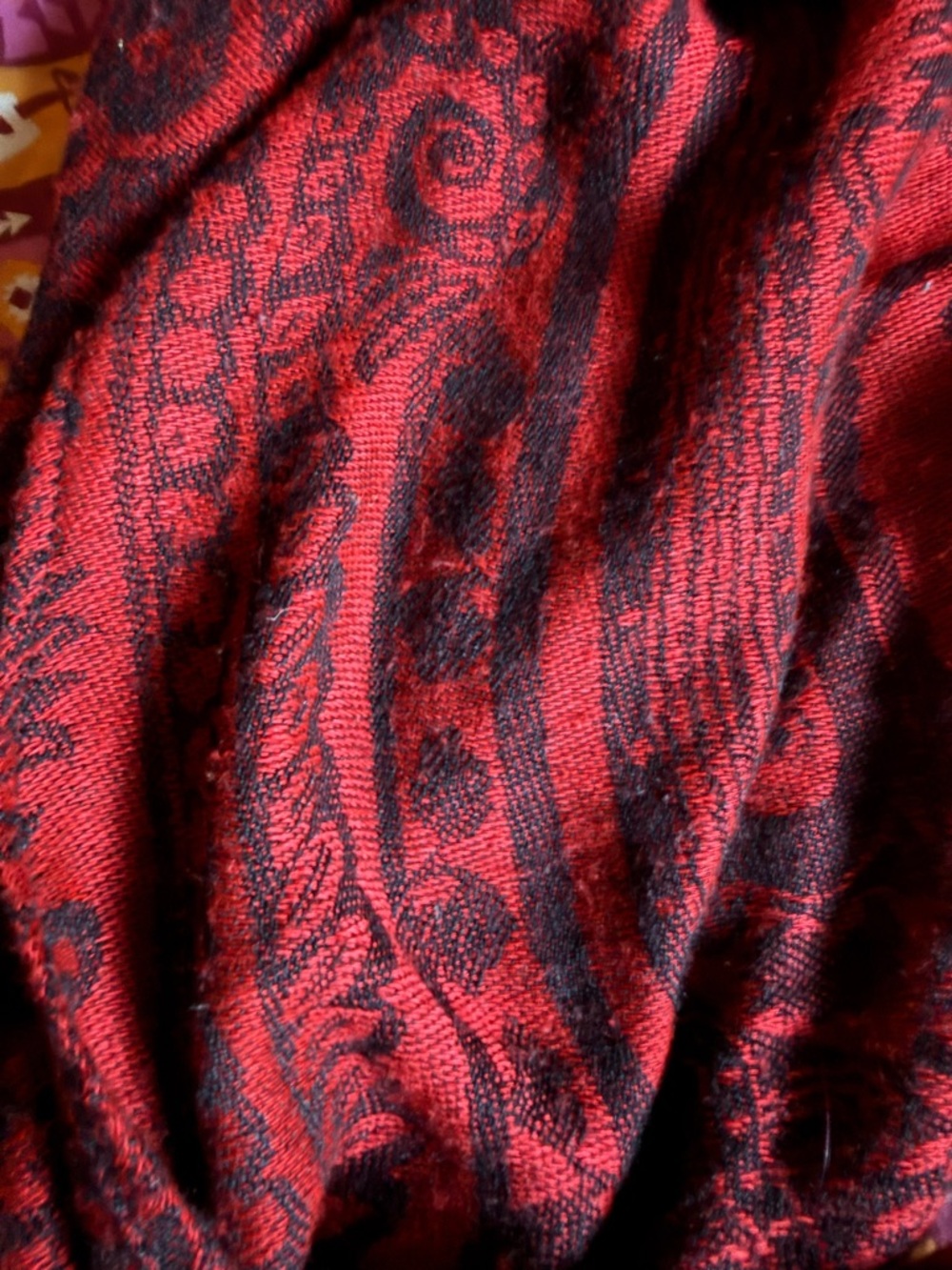 Rich Red and Black Paisley Fringe Scarf - Picture 4 of 4
